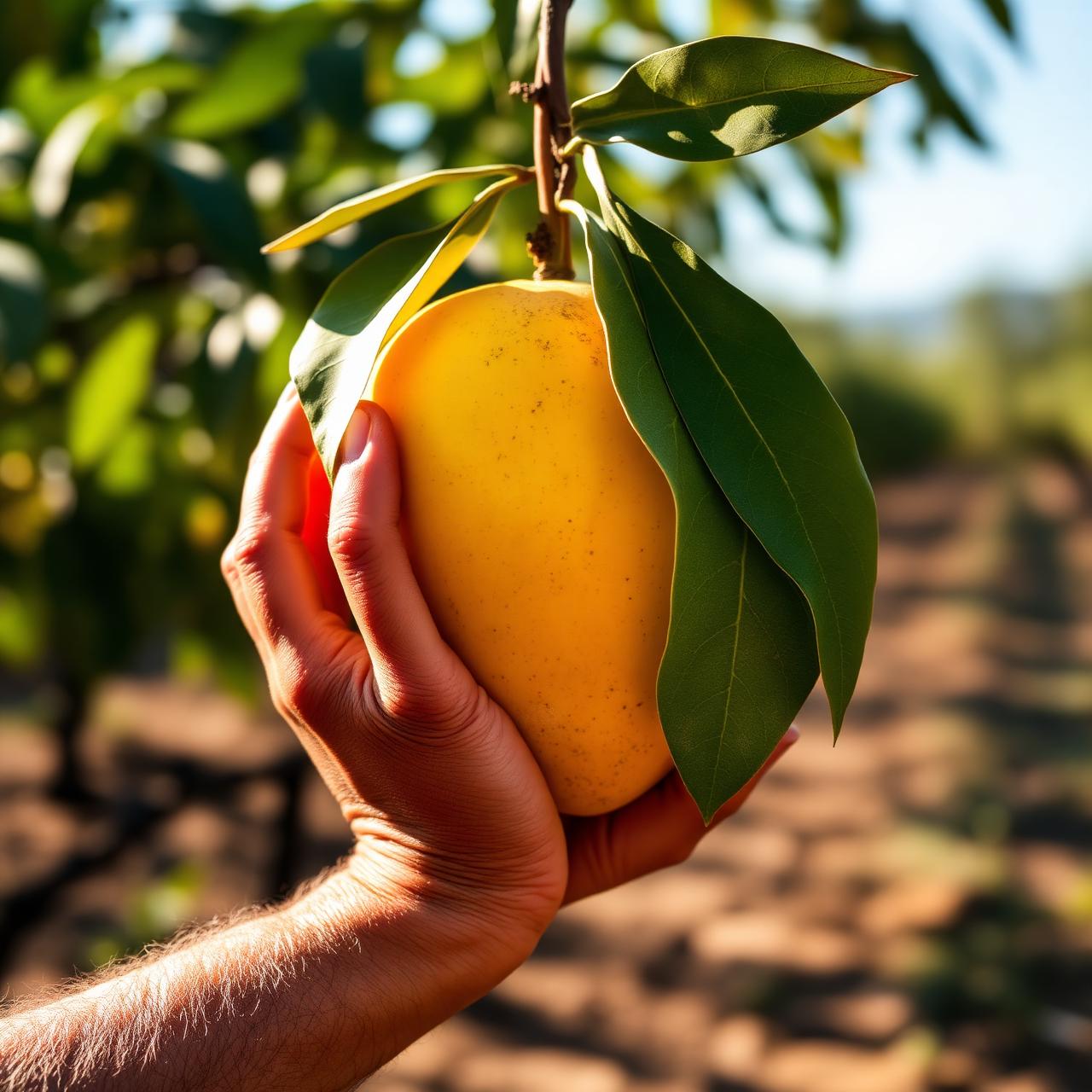 Hands holding a freshly picked ripe mango at Yannam Farms