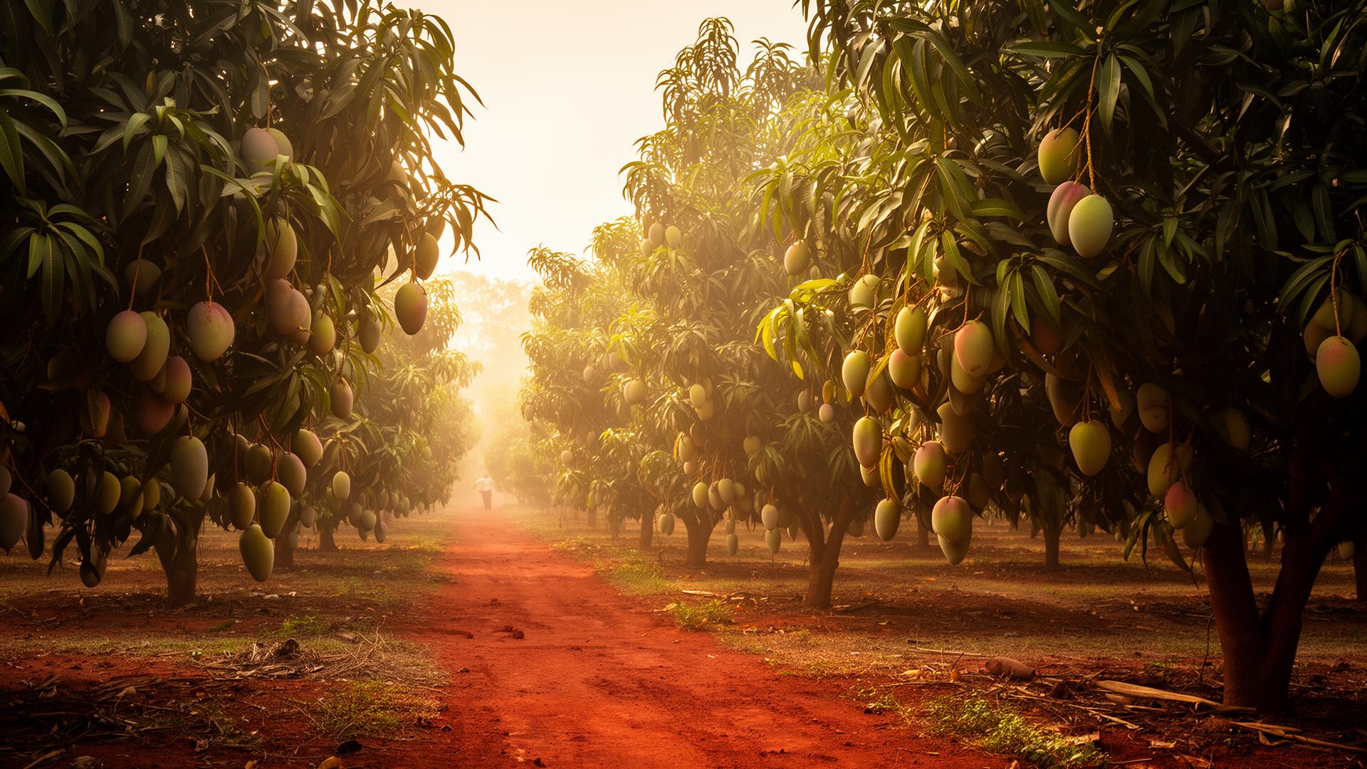 Sun-dappled rows of mango trees at Yannam Farms in Veldanda, Telangana